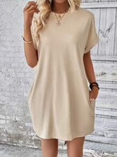 LOOSE FIT SOLID COLOR ROUND NECK BATWING SLEEVE DRESS